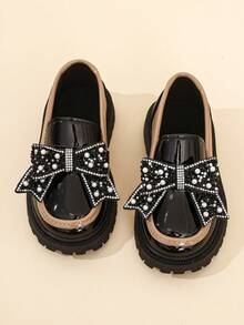 Girls' Shiny Colorblock Pearl Rhinestone Bow Loafers, Thick Sole Non-Slip British Style Princess Shoes - Black - View 2