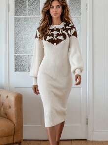 Abstract Geometric Jacquard Pattern Casual Slouchy Long Sleeve Crew Neck Mid-Length Loose Pullover Knit Dress Suitable For Casual, Vacation, Date Wear - Brown and Apricot - View 6