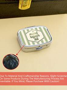 2D Flat Printing, Vintage Yellow And White Striped Creative Mood Slogan Pattern Square Small Pillbox, Two-Compartment Portable Storage Case, Pocket-Sized Container For Small Items, Accessories, Medicine, And Vitamins, Only Empty Bag - Multicolor - View 7