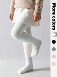 1 Pair Children Girls Solid Color Striped Cotton Minimalist Tights Leggings For Matching Skirts Outings - White - View 10
