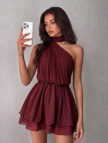 Casual Fashion Burgundy Chiffon Halter Neck Sleeveless Pleated Dress, A-Line Ruffle Hem, Suitable For Summer Party, Vacation, Autumn Outing, Holiday And Graduation Season - Burgundy - View 3