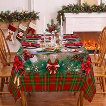 1pc Christmas Snowman Snowflake Pine Branch Plaid Print Rectangular Tablecloth, Suitable For Holidays, Parties, Birthdays, Dinners, Restaurant Table Decor, Christmas Home Autumn/Winter Decoration - Multicolor - View 3
