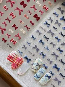 1 Sheet Plaid Bow Nail Stickers, Retro Red‑Blue Gingham Ribbon Bow Nail Decals, Classic Checkered Bow Nail Art Decor Accessories For DIY Manicure - Multicolor - View 6