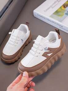 1 Pair Kids All-Season Colorblock Patchwork Thick Sole Slip-On Sneakers, Wavy Non-Slip Breathable Mesh Casual Sports Shoes - Brown - View 2