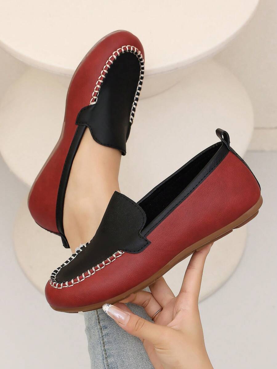 Women's Plus Size Colorblock Patchwork Slip-On Flat Shoes With Stitching Detail, Comfortable Commuter Shoes For Spring And Autumn
