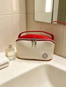 Shiseido Two‑Tone Cosmetic Bag With Top Handle Portable Durable Travel Friendly Makeup Toiletry Storage Pouch Ideal For Personal Use & Holiday Gift SHISEIDO‑GIFT‑12 - Red + White - View 9