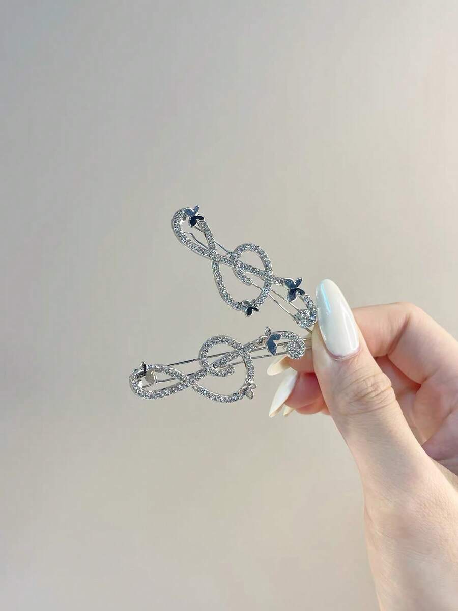 Silver Music Note Rhinestone Hair Clip For Women, New Niche Design Side Bangs Clip, Hair Accessory - Silver - View 1