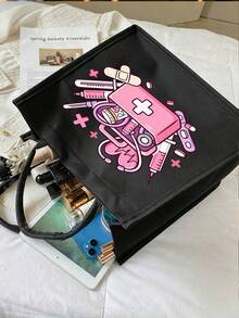 Pink Medical-Themed Linen Button Tote Bag & Makeup Bag Set, Includes Large & Small Wallet, Handbag, Coin Purse, Card Holder; Also Comes With Reusable Burlap Shopping Bag, Portable Travel Beach Bag (Matches Makeup Bag), Portable Book Storage Handbag, Women's Bags, Christmas, Halloween, Teacher's Day Gifts, Suitable For Back To School, Beach Trips, Travel, Vacation And Leisure - Multicolor - View 3