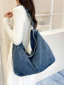 New Solid Color Washed Denim Fabric Minimalist Large Capacity Women's Crossbody Bag - A - View 5