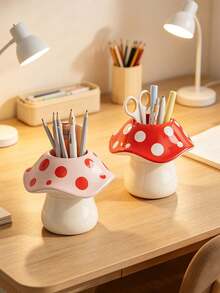 Vigour Summer Cute Mushroom Shaped Pen Holder, Multi‑Purpose Desk Storage Organizer, Cartoon Makeup Brush Cup, Desktop Stationery Storage Box For Home Office Study Room, Multi‑Function Makeup Brush Container, Cute Desk Stationery Organizer For Study Office - Multicolor - View 2