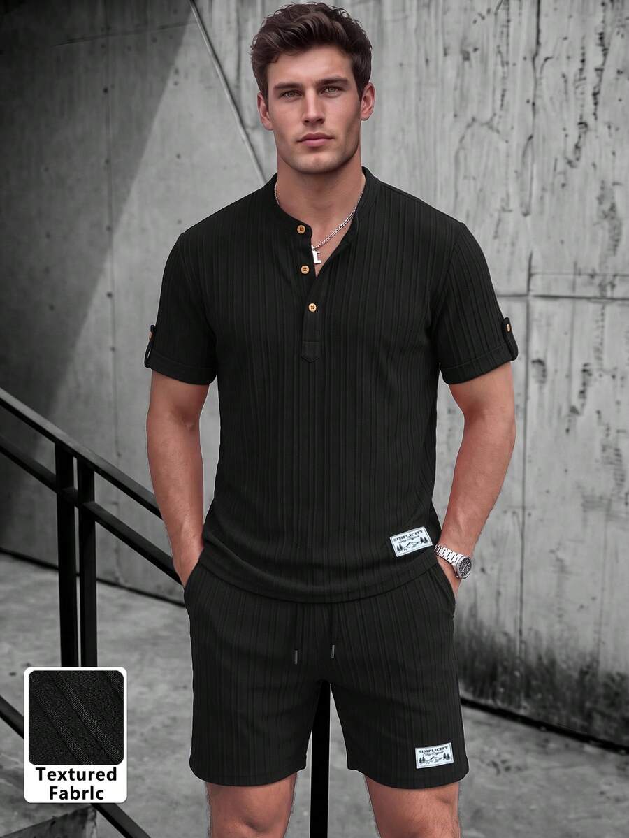 Men's Spring/Summer 3-Button Henley Short Sleeve Shirt And Drawstring Shorts Solid Color Jacquard Casual Vacation Regular Fit Set, Commute Casual Textured 2 Pieces Outfit
