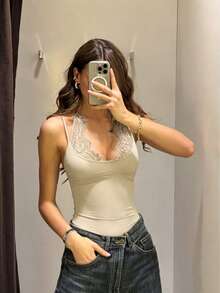 Fashionable Women's Black Camisole Top With Exquisite Contrast Lace Detail And Spaghetti Strap Casual Summer - Cream - View 3