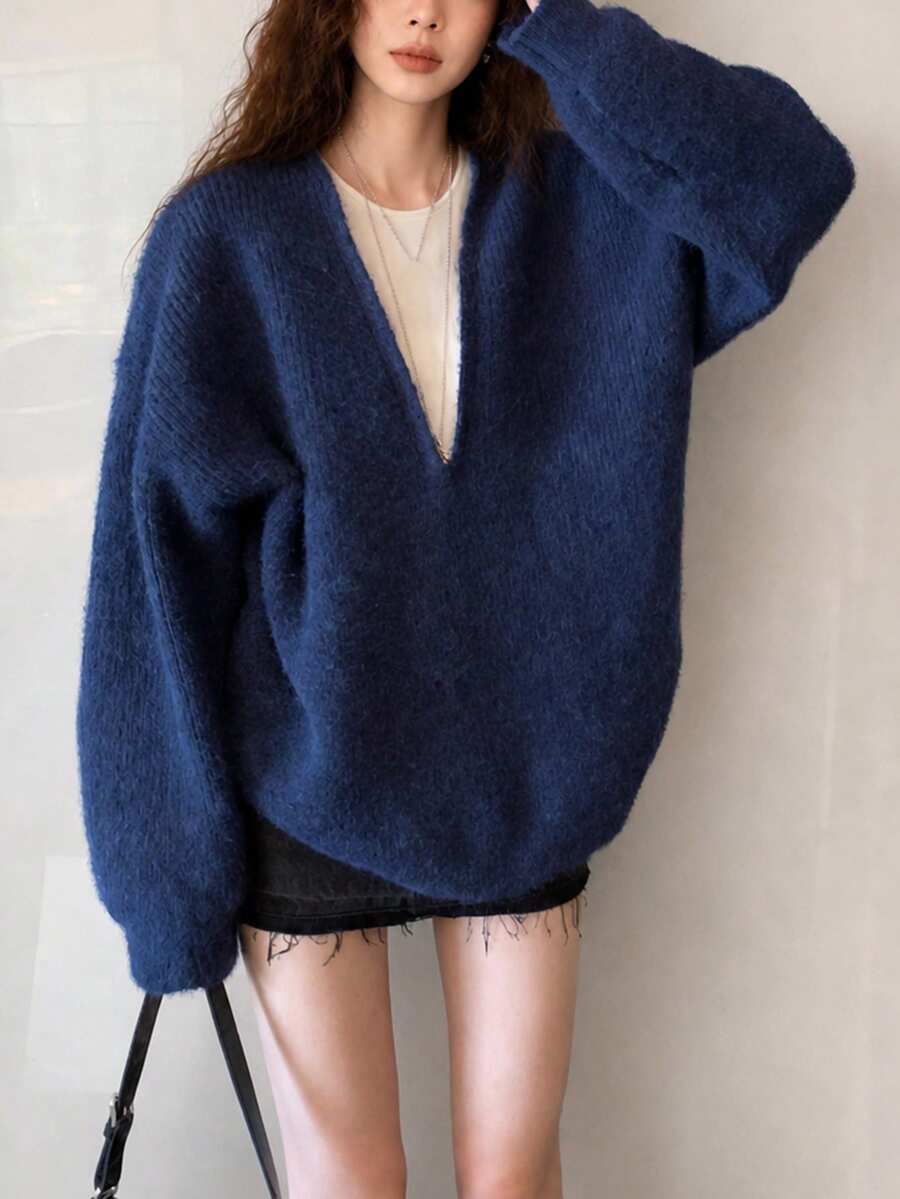 Women's Autumn/Winter Elegant Elegant Minimalist Style 2 In 1 Pullover Sweater - Navy Blue - View 1
