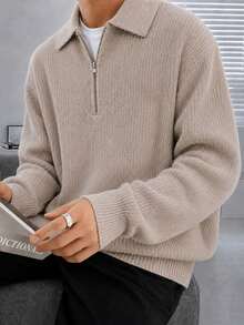 1件青少年男孩純色極簡休閒百搭通勤毛衣，秋冬款 - 米色 - 查看 7