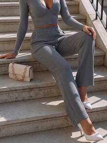 DONICY Women's Heather Gray Elastic High Waist Ribbed Knit Flare Pants, Soft Draped Casual Knit Trousers For Spring Fall Winter - Grey - View 1