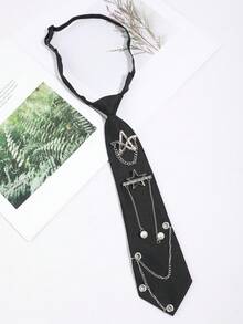 1Pc Men Yellow/Black/Green/Red Star Rhinestone Chain Pearl Decor Pre-Tied Cool Punk Necktie For Party Daily Wear - Multicolor - View 6