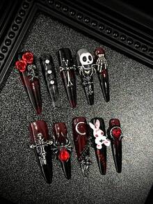 10pcs/Set Handmade Press-On Nails, Y2K Stiletto Shape, Wine Red Gel Nail Stickers With Skulls. Perfect For Party, Prom & Daily Wear. Handmade Nail Art For Women & Girls. - Multicolor - View 3