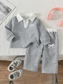 Baby Girl Polo Collar Bow Print Long Sleeve Top And Wide Leg Pants 2 Pieces Set, Autumn/Winter - Grey - View 1