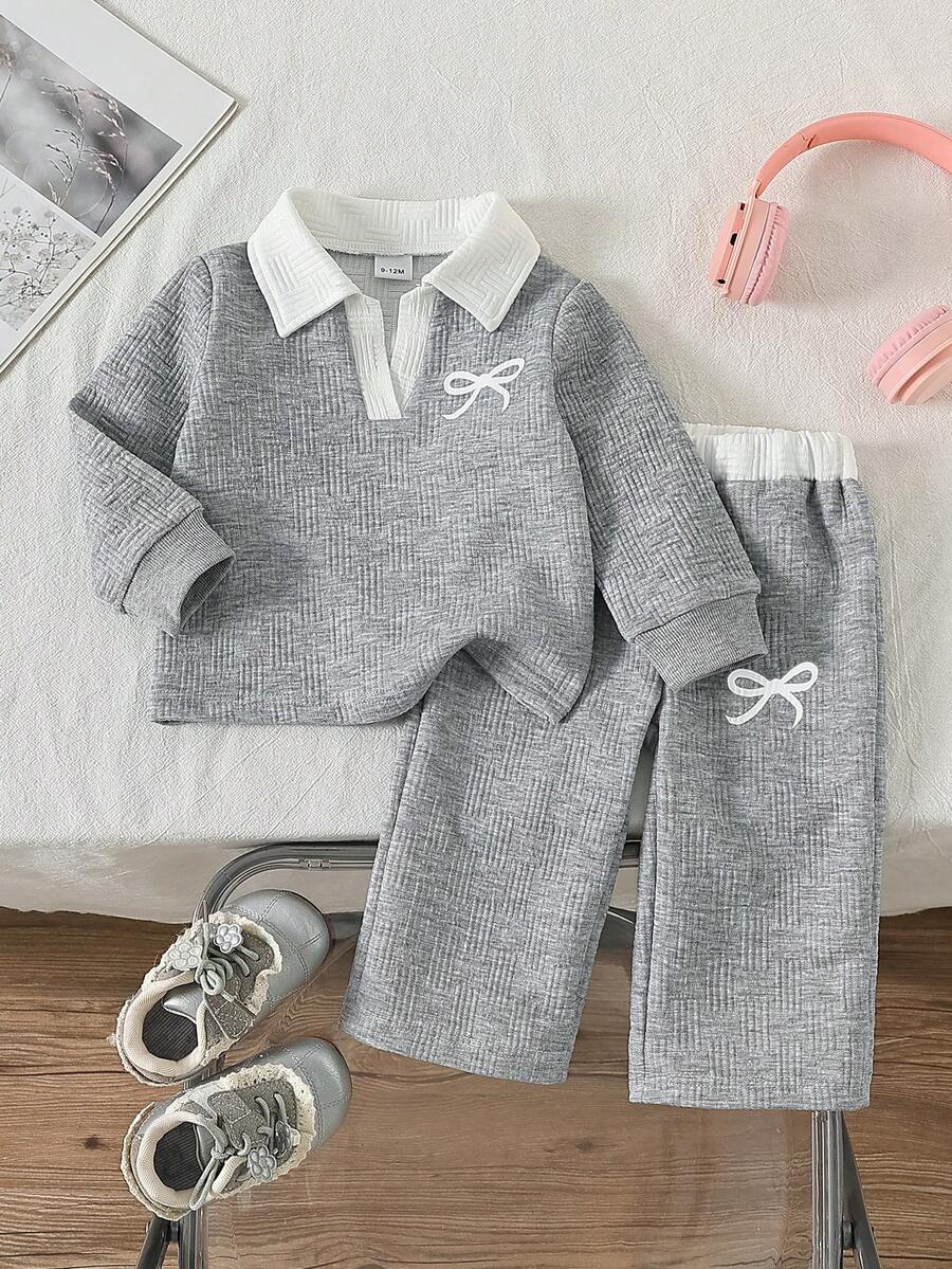 Baby Girl Polo Collar Bow Print Long Sleeve Top And Wide Leg Pants 2 Pieces Set, Autumn/Winter - Grey - View 1
