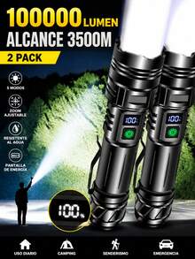 2 piezas Linterna LED de alta potencia, linterna táctica recargable por USB, foco de largo alcance, lámpara de camping - Negro (compra uno y llévate otro gratis) - Ver 2