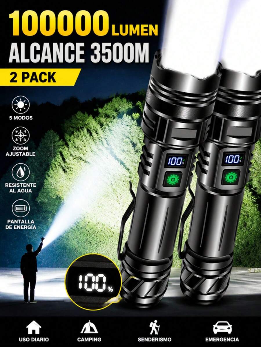 2 piezas Linterna LED de alta potencia, linterna táctica recargable por USB, foco de largo alcance, lámpara de camping