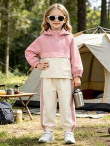 2Pcs Young Girl Clothes, Pink & Apricot Half-Zip Hooded Sweatshirt And Color-Block Pants, Autumn/Winter 2 Pieces Set - Pink - View 1