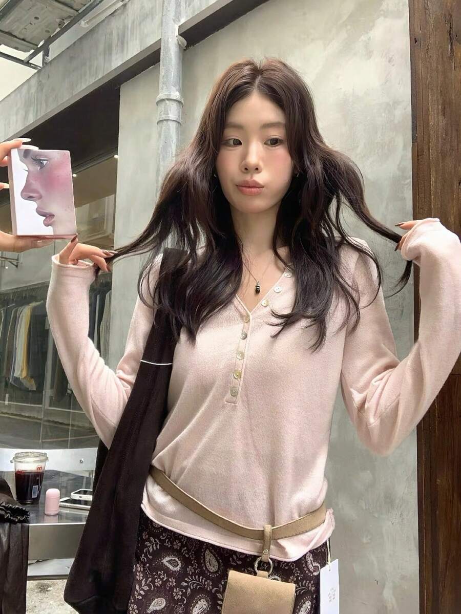 韓式簡約休閒半排扣長袖薄針織女款毛衣 - 粉色 - 查看 1