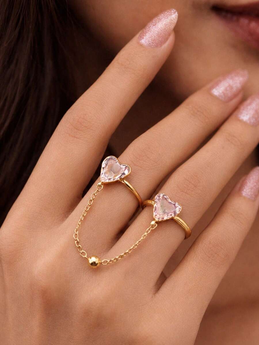 STONEFANS 1pc New Sweet & Cool Heart Double Finger Ring, Minimalist Girly Style, Exquisite Fashion Party & Date Hand Accessory - Love - View 1