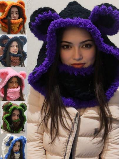 Bufanda con capucha de orejas de oso de peluche linda con protección para el cuello, gorro pasamontañas de punto grueso estilo japonés lindo, accesorio de invierno cómodo, accesorio de mujer de color dopamina, gorro de orejas de oso de punto con forro de felpa lindo para mujer, gorro de esquí de invierno cálido