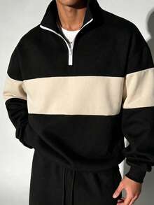 Men's Autumn/Winter Fashion Classic Patchwork Zip-Up Sweatshirt, Outdoor Casual Everyday Wear - Black - View 4