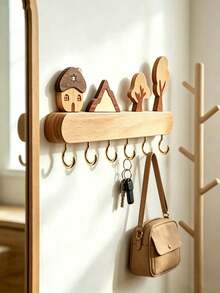 1pcsNordic‑Style Wooden Wall‑Mounted Hook Rack, Long Strip Rectangular Shape, Wall Hanging Storage Function, Entryway Key Holder, Wall Coat Hanger For Hallway Living Room Household Daily Organizing - Multicolor - View 9