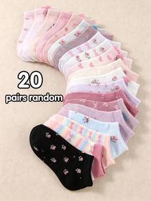 1/5/10/20 Pairs Random Cute Floral Bow Print Ankle Socks, Halloween Fall Clothes For Little Girls Sweet Pastel Color Daily Wear Socks For Girls - Multicolor - View 13