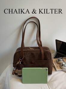 CHAIKA & KILTER 1件裝 素色麂皮布料女款復古時尚啞光單肩保齡球包，對比色絎縫縫線，雙手柄設計，拉鍊開合，適合日常與街頭使用（附吊飾） - 咖啡 - 查看 4