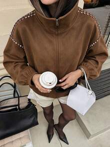 Jaket Suede Longgar Lengan Panjang Kerah Rivet Warna Polos Musim Gugur/Dingin, Gaya Jalanan, Pakaian Luar Kantor Kasual untuk Perjalanan Musim Gugur - Coklat - View 1