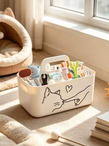 Large Capacity Five Compartment Portable Pet Supplies Storage Box With Handle, Featuring Simple Cat Patterns, Suitable For Pet Stores And Pet-Owning Households - Multicolor - View 4