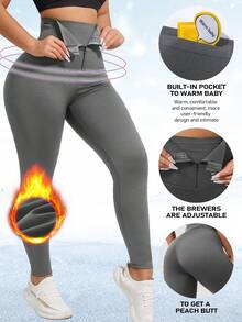 1 buah Legging Olahraga Abu-abu Gelap Pinggang Tinggi Kancing Depan Resleting dengan Lapisan Dalam Hangat - Dark Grey - View 3