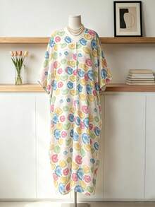 1pc Floral Print Button Down Long Abaya Robe For Muslim Women, Suitable For Holidays, Weddings, Daily Wear, Spring/Summer - Apricot - View 8