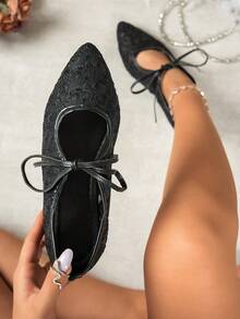 Women's Black Lace Pointed Toe Mary Jane Shoes, French Style Bowknot Strap Flat Ballet Shoes, Breathable Mesh, Suitable For Daily Wear - Black - View 1