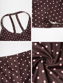 GLAMSKIN 女款夏秋基礎波點細肩帶兩件式家居服上衣，返校休閒街頭風優雅穿搭 - 棕色底粉波點 - 查看 8