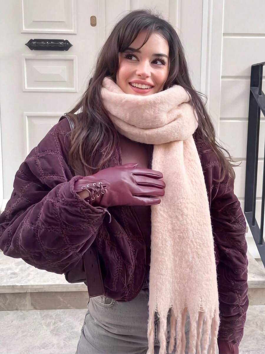 1pc Solid Color Scarf, Winter Warm Neck Protection, Thickened Wool Knitted Shawl With Thick Tassels, Wearable - Apricot Red - View 1