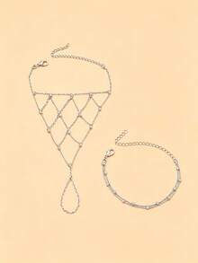 2pcs Gold Bead Mesh Finger Chain Bracelet Set, Exquisite Small Gold Bead Mesh Finger Jewelry, Multi-Layer Stackable Elegant Thin Bracelet Hand Accessory Set For Women - Mesh - View 12