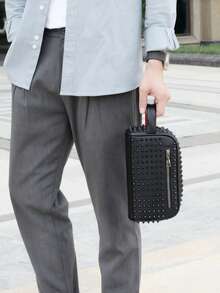 1pc Black Rivet Design Men's Clutch Bag, PU Material Large Capacity Zipper Handbag, Wristlet Bag Suitable For Daily Commute And Holiday Gifts, Travel Essential Gift, Exclusively For Men. Men's Gift - Multicolor - View 7