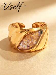 Uself 5pcs/1pc Cincin Lebar Bertekstur Vintage, Desain Alur Mata Kuda Cangkang Hancur Multi-Warna, Cincin Jari Telunjuk Mewah Kelas Atas yang Dapat Diatur - MultiWarna - View 11