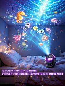 24 Projection Patterns Dynamic Rotation Timer Function Sleep Music Type-C Charging Purple Black Starry Sky Ocean Projector Light Bedroom Party Holiday Home Indoor Decoration Atmosphere Night Light - Sea Axis Star - View 4