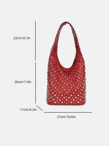 Dedoo Burgundy V-Shaped Double-Sided Studded Bucket Bag,Punk Style Heavy-Duty Rivet Embellished Underarm Shoulder Bag,Suitable For Work Commute And Shopping - Burgundy - View 11