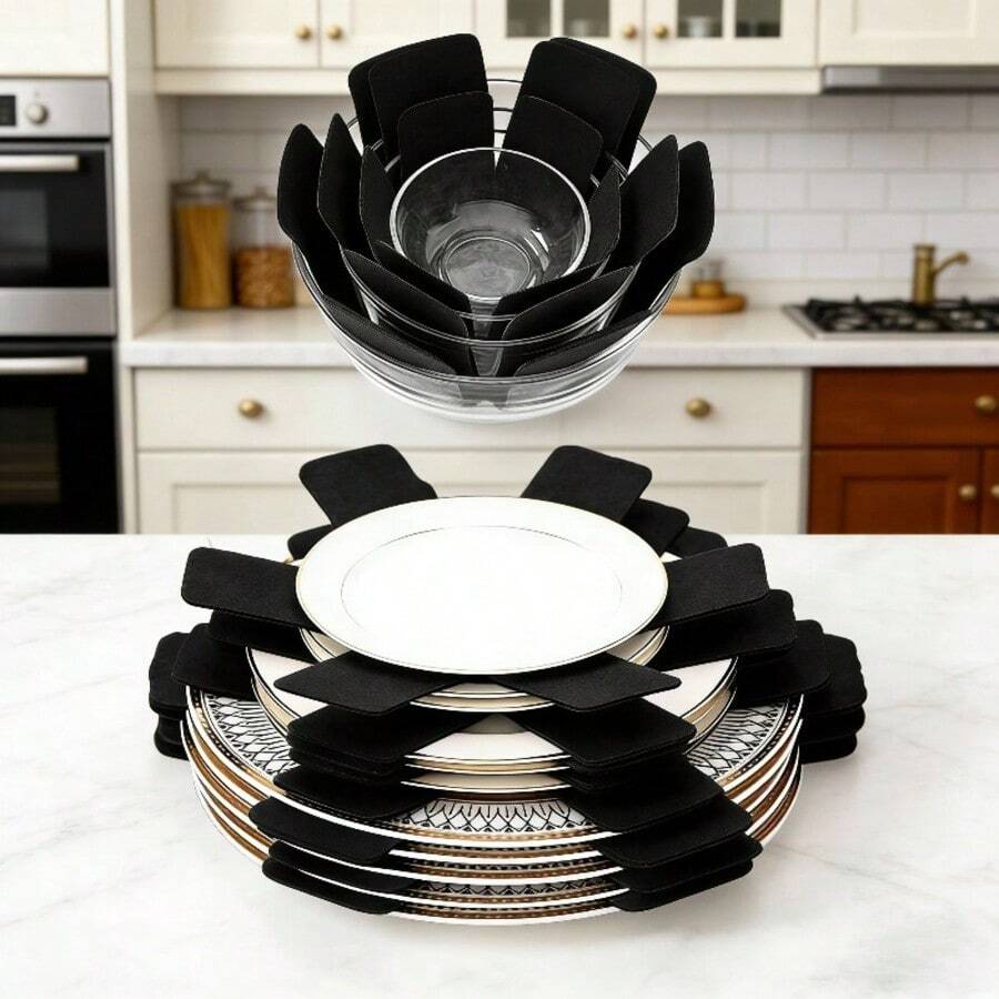 10pcs Anti-Slip Bowl & Plate Protective Pads With Stackable Kitchen Storage Rack, Black Felt Box With Bowl & Plate Divider Pads, Space-Saving Bowl & Plate & Pot Storage Rack Protective Pads - 3 Sizes Suitable For Countertop Storage & Organization - Multicolor - View 1