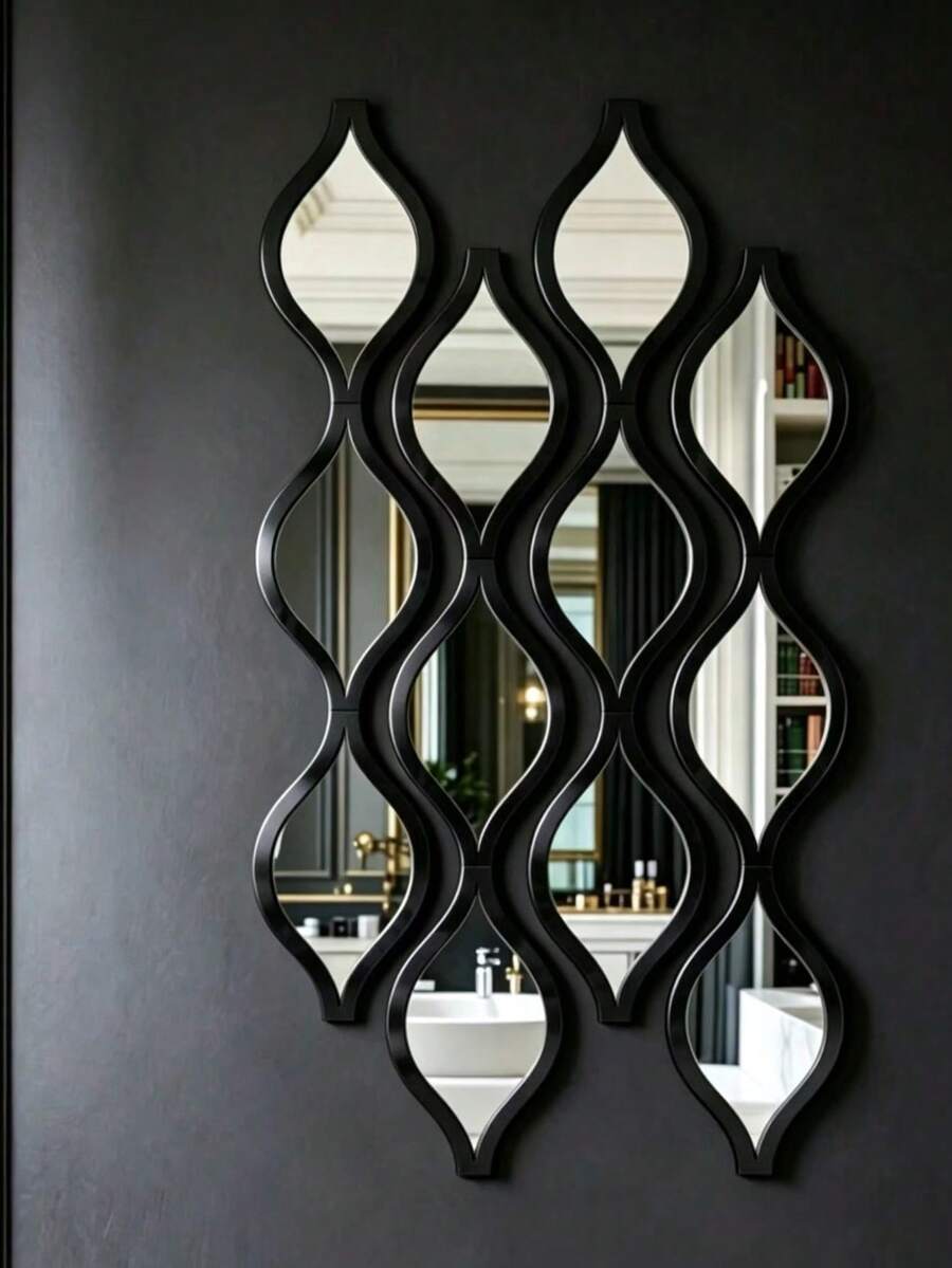 2D 12/20pcs Black Teardrop Shaped Bathroom Mirror Set | Decorative Art Style Mirror, Suitable For Bathroom, Living Room And Entryway Background Wall | Home Decor And Gift - Black 2pcs - View 1