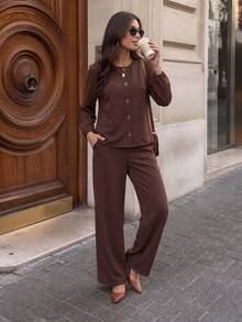 1pc Women's Spring/Autumn Solid Color Button Lantern Sleeve Long Sleeve Pants Set, Fashionable Comfortable Loose Skin-Friendly Home & Travel Essential - Coffee Brown - View 3