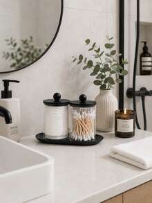 1/2pcs Transparent Bathroom Storage Jars With Lids And Black Tray, Cotton Swab & Dental Floss Holder, Suitable For Vanity Countertop - Multicolor - View 3