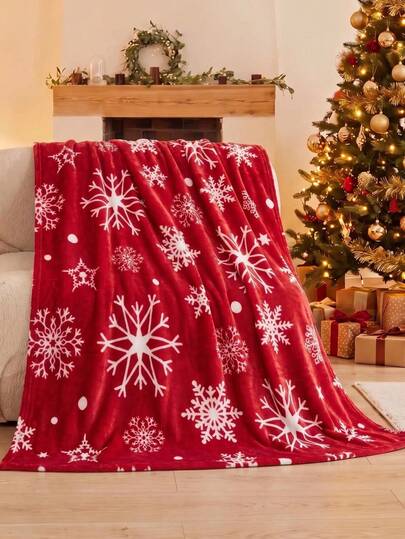 1pc Red Snowflake Print Blanket, Living Room Sofa Throw, Shawl Blanket, Soft Warm Milk Plush Faux Fur Blanket, Travel Blanket, Bed Blanket, Leisure Blanket, Shawl Blanket, Suitable For Living Room Sofa Blanket And Bedroom Dorm Balcony Decoration, Bedding Furniture Decoration Bed Blanket & Towel Quilt Bed Cover, Back To School Season; School Supplies, Dorm Bedding